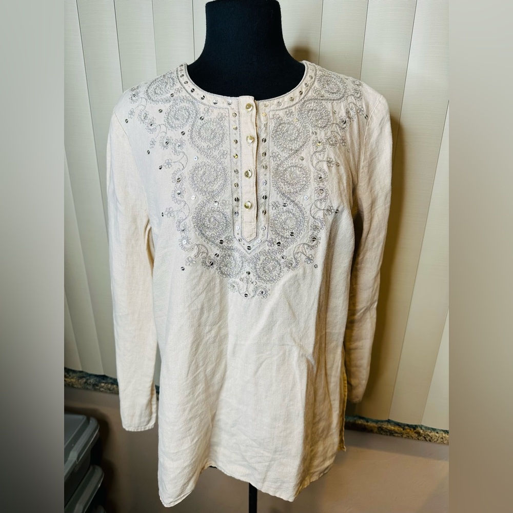 Kate Hill Beige Embellished 100% Linen Blouse Quiet Luxury Size Large
